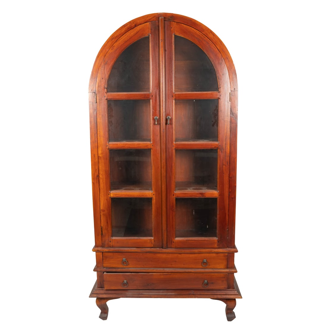 Arched Teak Wood Display Cabinet with Drawers: Arched Teak Wood Display Cabinet with Drawers, 20th Century. H: 77 W: 38 3/4 D: 15 in.