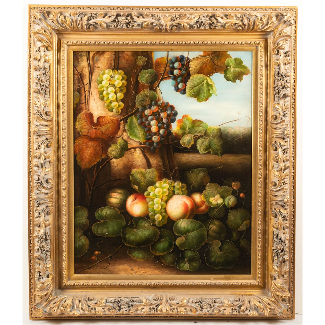 Artist Unknown (20th Century): Artist Unknown (20th Century) Still Life with Fruit, Oil on canvas, Unsigned. Image dims: H: 30 x W: 24 in. H: 41 3/4 W: 35 1/4 D: 4 in.