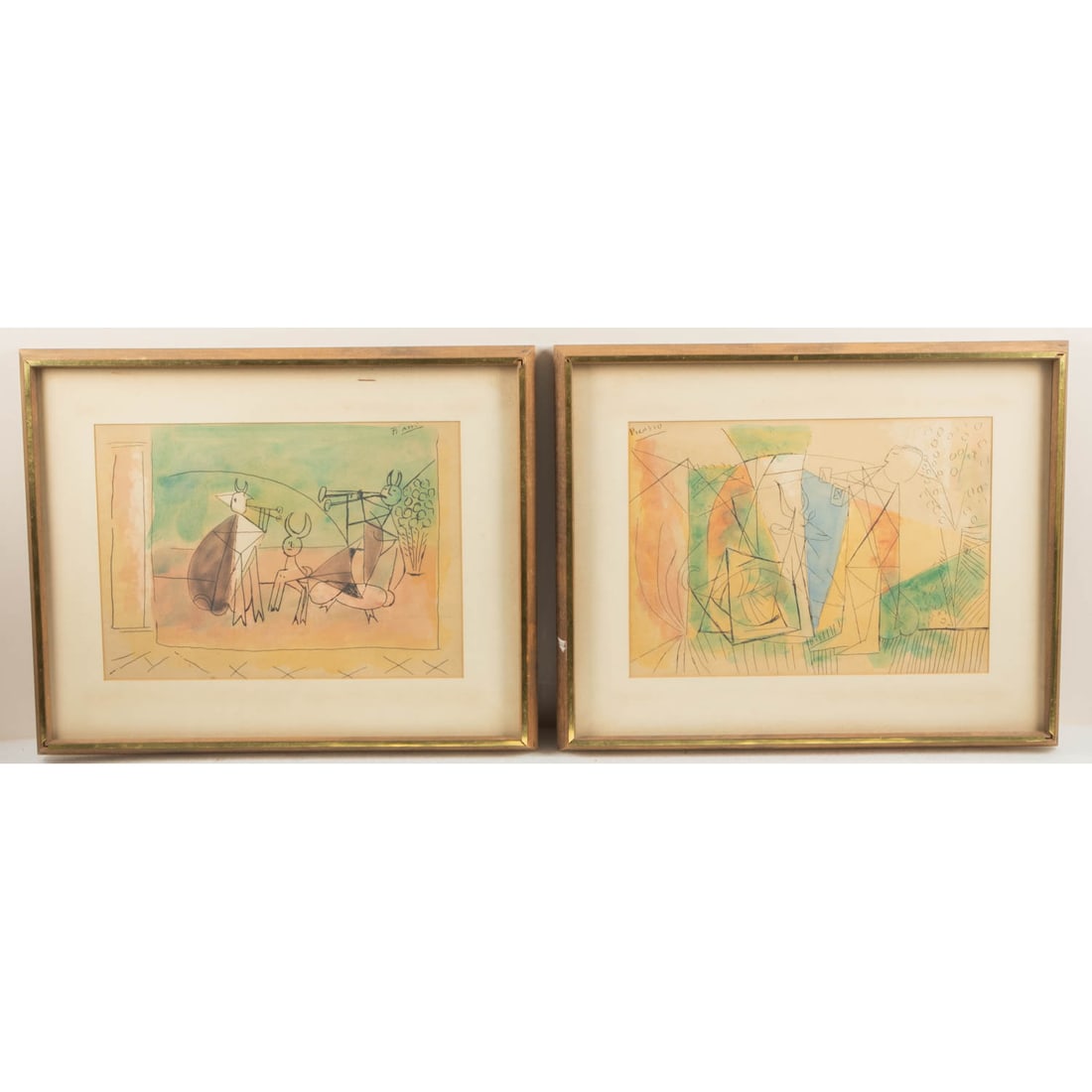 Pablo Picasso (Spanish, 1881 - 1973): Pablo Picasso (Spanish, 1881 - 1973) Joueur de flûte et Gazelle Fauns Playing the Flute, Lithograph, Signed in print. Each with frame dims: H: 18 3/4 x W: 23 1/4 in. Image dims: H: 11 3/4 x W: 16 3/4