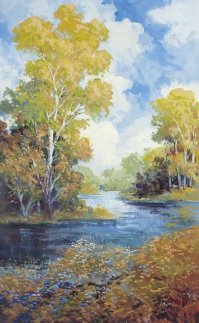 J.A. Johnson (20th Century) Birch Tree by Stream with F: J.A. Johnson (20th Century) Birch Tree by Stream with Field, Oil on paper, Signed lower right. Framed. Image dimensions: h: 38 x 24 1/2 in. Other Notes: *** Please inquire for shipping estimate prior 