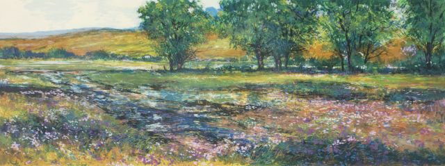 Michael Schofield (American, b. 1947) Field with Flower: Michael Schofield (American, b. 1947) Field with Flowers and Trees, Silkscreen on paper, Signed lower right and numbered 43/377. Framed. Image dimensions: h: 10 3/4 x w: 29 in. Other Notes: *** Please