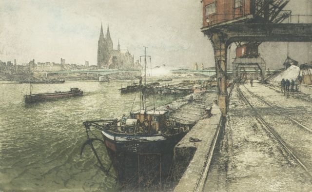 Luigi Kasimir (Austro-Hungarian, 1881-1962) Cologne, Ne: Luigi Kasimir (Austro-Hungarian, 1881-1962) Cologne, New Bridge, Hand-colored etching, Signed lower center. Framed. Plate dimensions: h: 22 1/2 x w: 28 1/4 in. Other Notes: *** Please inquire for ship