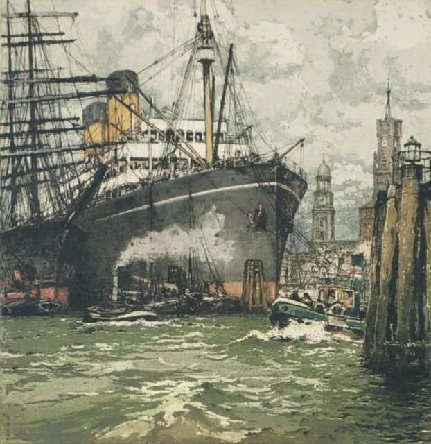 Luigi Kasimir (Austro-Hungarian, 1881-1962) Pittsburgh : Luigi Kasimir (Austro-Hungarian, 1881-1962) Pittsburgh Ship, Hamburg Harbor, Color etching on paper, Signed lower right and dated 1924. Framed. Plate dimensions: h: 15 1/2 x w: 15 1/4 in. Other Notes: