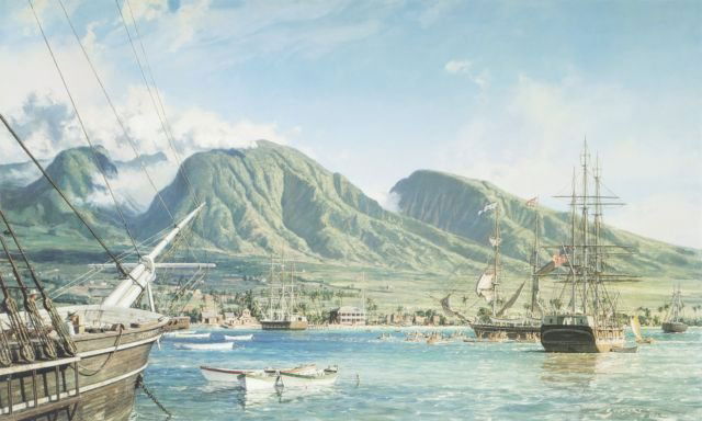 John Stobart (British-American, b.1929) Lahaina - The W: John Stobart (British-American, b.1929) Lahaina - The Whaling Brig Isabella, Color lithograph on paper, Signed lower right and numbered 166/950. Published 1989. Framed. Image dimensions: h: 19 x w: 31
