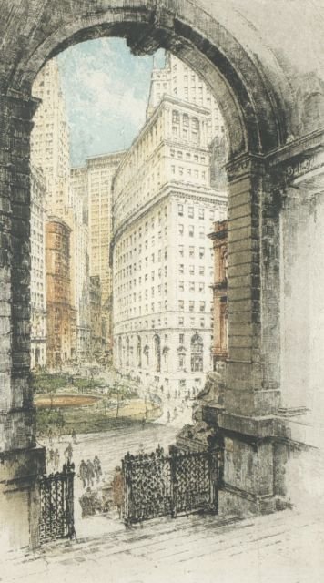 Luigi Kasimir (Austro-Hungarian, 1881-1962) Bowling Gre: Luigi Kasimir (Austro-Hungarian, 1881-1962) Bowling Green, New York, Color etching, Signed lower center, dated 1927. Plate dimensions: h: 18 x w: 10 1/4 in. Other Notes: *** Please inquire for shippin