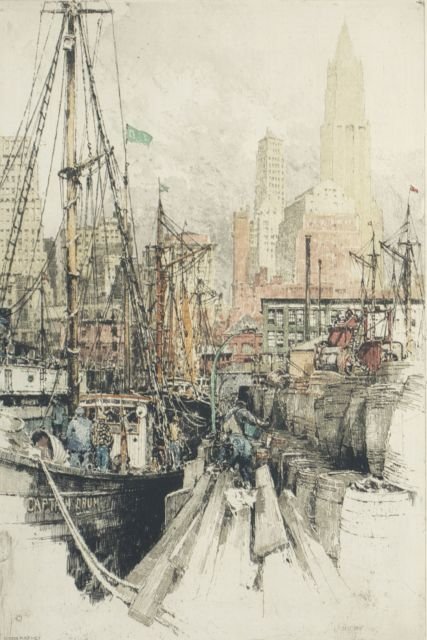 Luigi Kasimir (Austro-Hungarian, 1881-1962) Fulton Mark: Luigi Kasimir (Austro-Hungarian, 1881-1962) Fulton Market, New York, Hand-colored etching, Signed lower right. Framed. Plate dimensions: h: 17 x w: 11 3/4 in. Other Notes: *** Please inquire for shipp