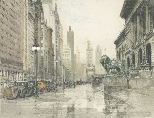 Luigi Kasimir (Austro-Hungarian, 1881-1962) Michigan Av: Luigi Kasimir (Austro-Hungarian, 1881-1962) Michigan Avenue, Chicago, Color etching, Signed lower center. Framed. Plate dimensions: h: 14 x w: 18 in. Other Notes: *** Please inquire for shipping estim