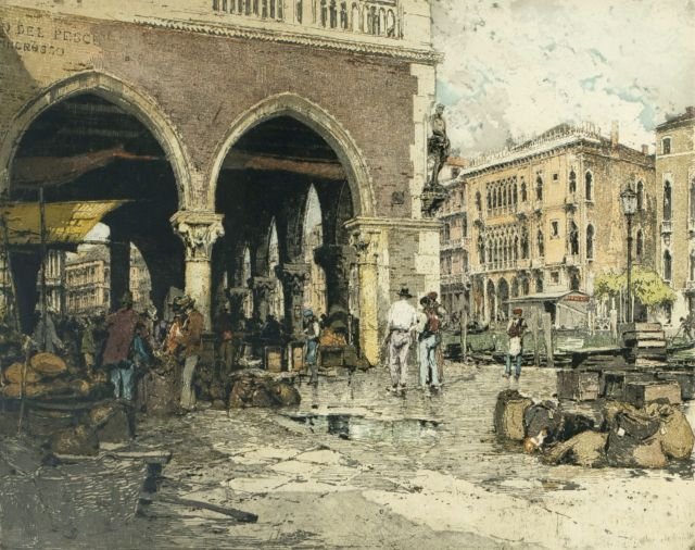 Luigi Kasimir (Austro-Hungarian, 1881-1962) Market Plac: Luigi Kasimir (Austro-Hungarian, 1881-1962) Market Place Venice, Hand colored etching, Signed lower center. Framed. Image dimensions: h: 18 1/2 x w: 23 1/4 in. Other Notes: *** Please inquire for ship