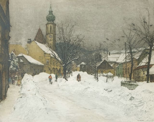 Luigi Kasimir (Austro-Hungarian, 1881-1962) Grinzing, V: Luigi Kasimir (Austro-Hungarian, 1881-1962) Grinzing, Vienna, Color etching on paper, Signed lower center and dated 1940. Framed. Plate dimensions: h: 17 1/4 x w: 22 1/2 in. Other Notes: *** Please in