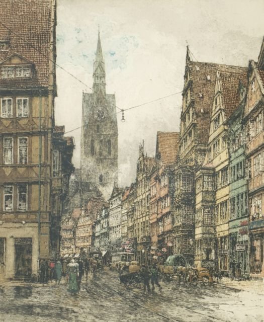 Luigi Kasimir (Austro-Hungarian, 1881-1962) Hannover, H: Luigi Kasimir (Austro-Hungarian, 1881-1962) Hannover, Hand-colored etching, Signed lower center. Framed. Plate dimensions: h: 19 1/4 x w: 16 in. Other Notes: *** Please inquire for shipping estimate p