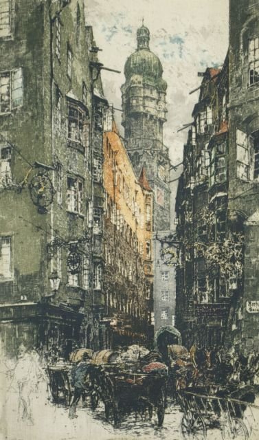 Luigi Kasimir (Austro-Hungarian, 1881-1962) Seilergasse: Luigi Kasimir (Austro-Hungarian, 1881-1962) Seilergasse Innsbruck, Color etching on paper, Signed lower center and dated 1922. Framed. Plate dimensions: h: 18 1/2 x w: 12 in. Other Notes: *** Please i