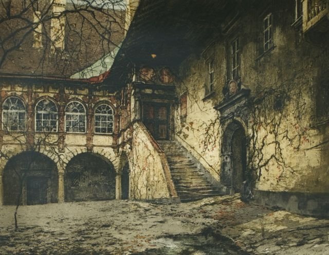 Luigi Kasimir (Austro-Hungarian, 1881-1962) Schallaburg: Luigi Kasimir (Austro-Hungarian, 1881-1962) Schallaburg Castle, Austria, Hand-colored etching, Signed lower center. Framed. Plate dimensions: h: 17 x w: 22 1/2 in, Other Notes: *** Please inquire for 