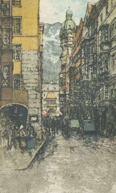 Luigi Kasimir (Austro-Hungarian, 1881-1962) Innsbruck, : Luigi Kasimir (Austro-Hungarian, 1881-1962) Innsbruck, Hand colored etching, Signed lower center. Plate dimensions: h: 18 x w: 11 1/4 in. Other Notes: *** Please inquire for shipping estimate prior to