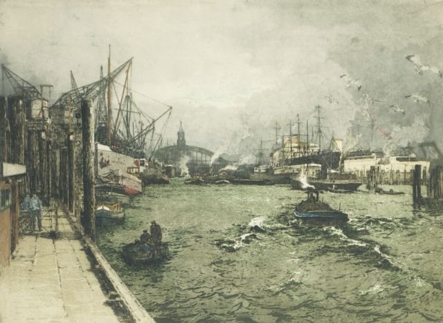 Luigi Kasimir (Austro-Hungarian, 1881-1962) Ubersee Bri: Luigi Kasimir (Austro-Hungarian, 1881-1962) Ubersee Bridge Hamburg, Hand-colored etching, Signed lower center. Framed. Plate dimensions: h: 17 3/4 x w: 24 1/2 in. Other Notes: *** Please inquire for s