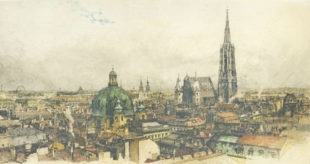 Luigi Kasimir (Austro-Hungarian, 1881-1962) Vienna, Han: Luigi Kasimir (Austro-Hungarian, 1881-1962) Vienna, Hand-colored etching, Signed lower center. Framed. Plate dimensions: h: 14 x w: 26 3/4 in. Other Notes: *** Please inquire for shipping estimate pri