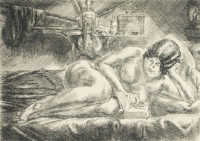 John Sloan (1871-1951) Nude Reading,: John Sloan (1871-1951) Nude Reading, Etching on paper, Signed in pencil lower right, titled and numbered 100 proofs in pencil lower margin. Signed and dated '28 in print. Dimensions: h: 5 x w: 7 in. O