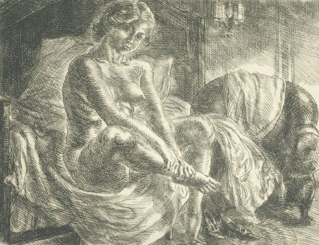 John Sloan (1871-1951) Nude Beside Bed, Etching: John Sloan (1871-1951) Nude Beside Bed, Etching on paper, Signed in pencil lower right, titled and numbered 100 proofs in pencil lower margin. Signed and dated '32 in print. Dimensions: h: 5 1/2 x w: