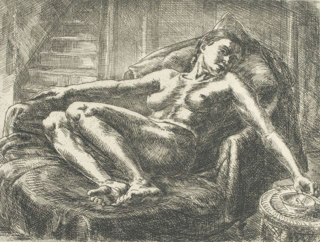 John Sloan (1871-1951) Nude with Cigarette, Etching: John Sloan (1871-1951) Nude with Cigarette, Etching on paper, Signed in pencil lower right, titled and numbered 100 proofs in pencil lower margin. Signed and dated '31 in print. Dimensions: h: 5 1/2 x