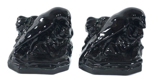 A Pair of Rookwood Pettery Black Glazed Raven Figural B: A Pair of Rookwood Pottery Black Glazed Raven Figural Bookends, ca. 1918. Dimensions: h: 5 x w: 5 1/2 x d: 3 1/4 in. Other Notes: *** Please inquire for shipping estimate prior to bidding. Shipping co