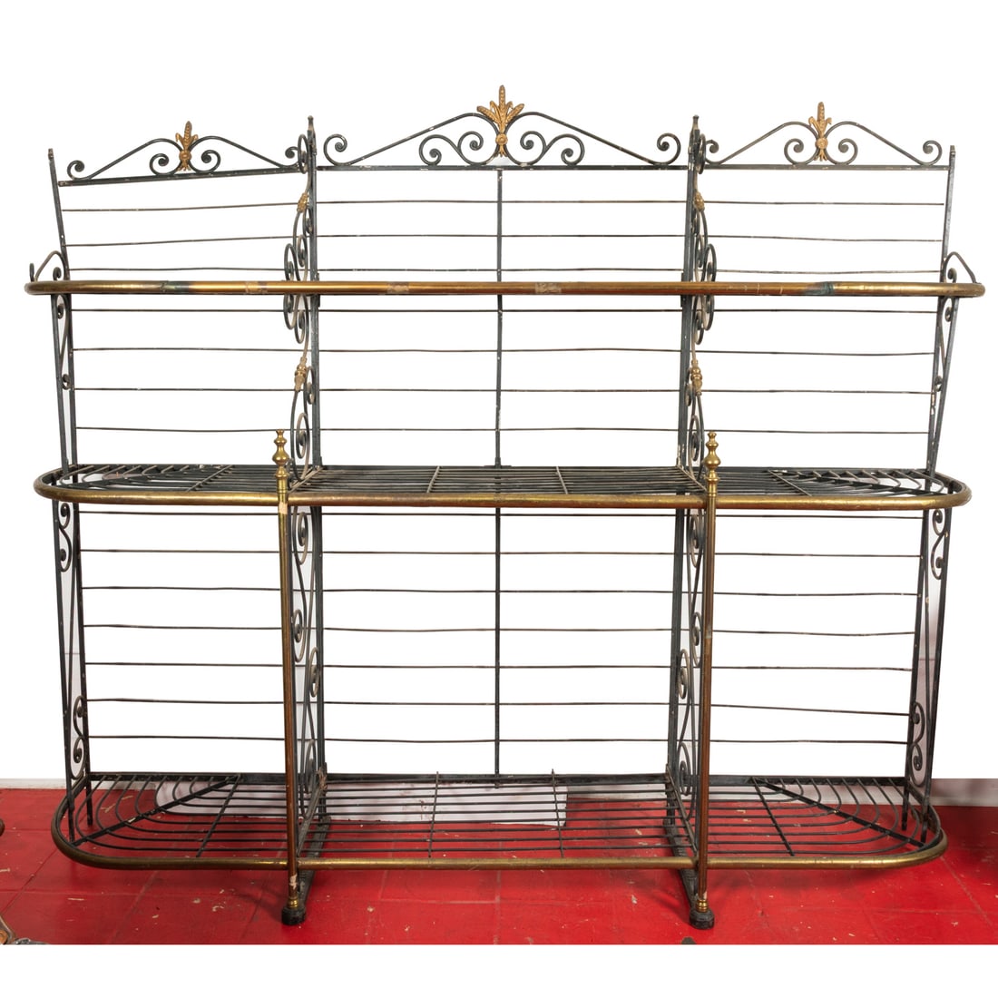 French Wrought Iron and Brass Baker's Rack: French Wrought Iron and Brass Baker's Rack, Late 19th / Early 20th Century, Manufactured by Echalie, Paris. H: 82 W: 94 1/2 D: 19 1/2 in.