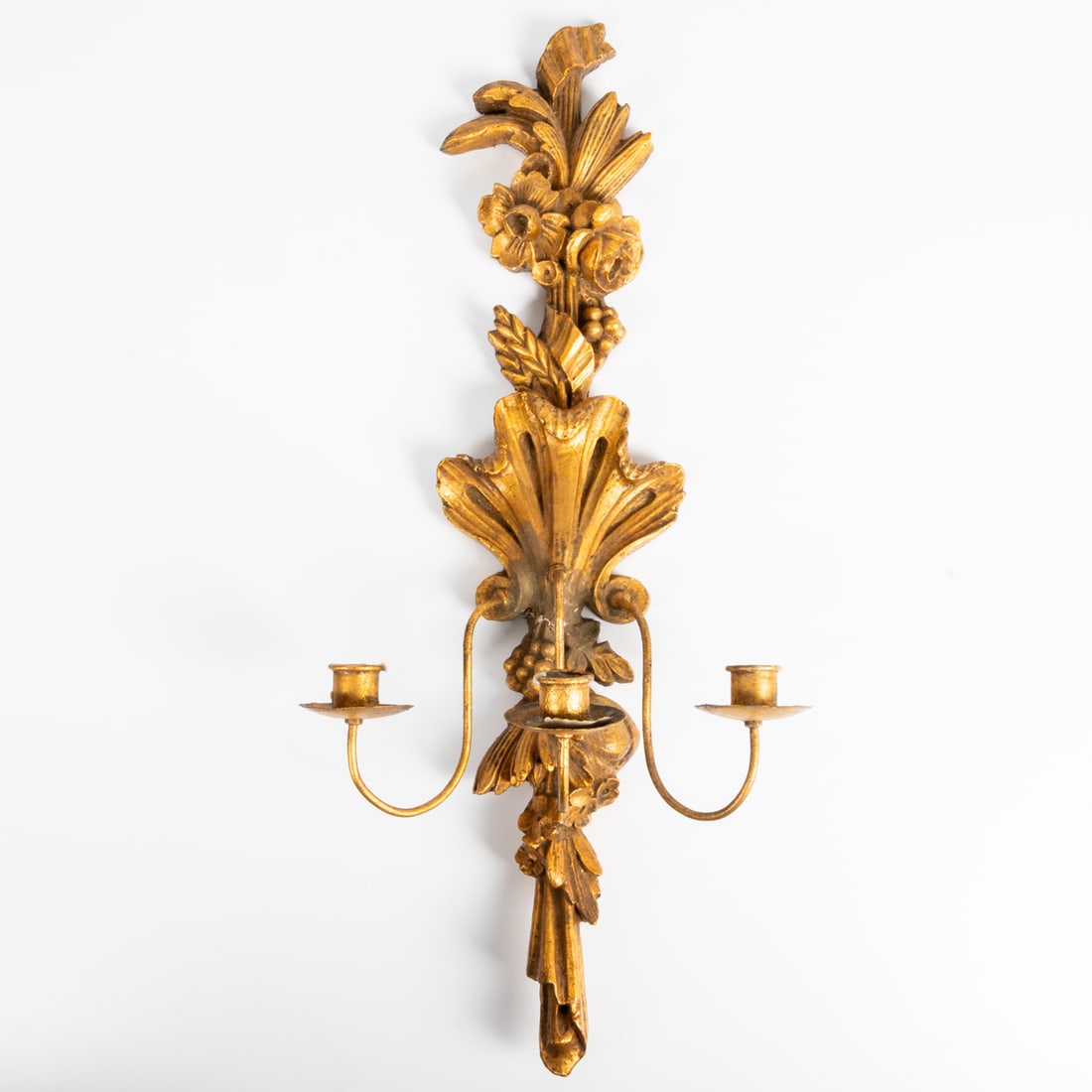 Louis XV Style Gilt Carved Wood Wall Sconce: A Louis XV Style Gilt Carved Wood Three Light Wall Sconce, 20th Century H: 26 1/2 W: 11 1/2 D: 7 in.