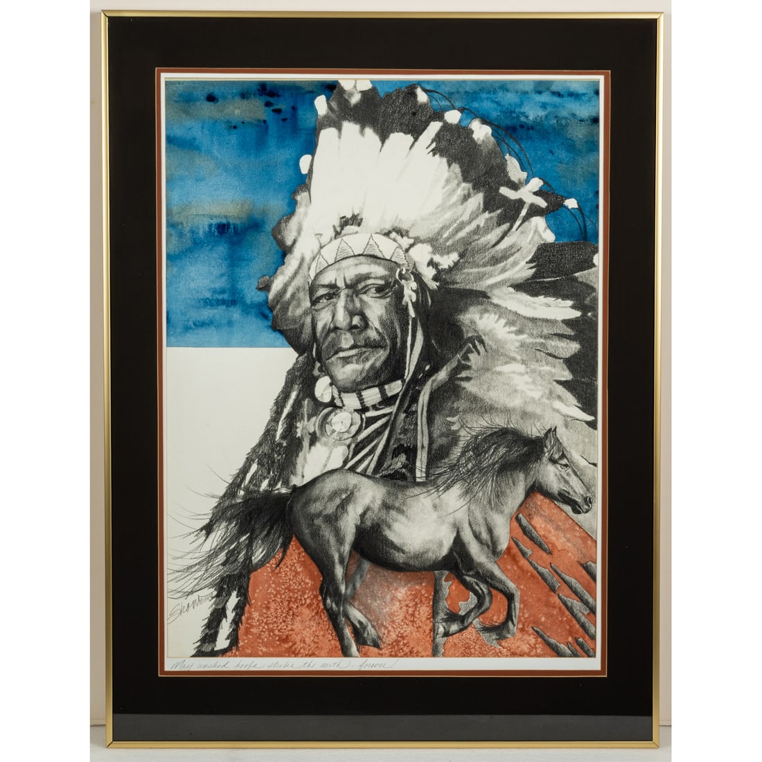 Shaw (American, 20/21st Century): Shaw (American, 20/21st Century) May Unshod Hoofs Strike the Earth Forever, Watercolor and graphite pencil, Signed lower left. Image dim: H: 29 X W: 22 in. H: 37 1/2 W: 28 1/2 in.