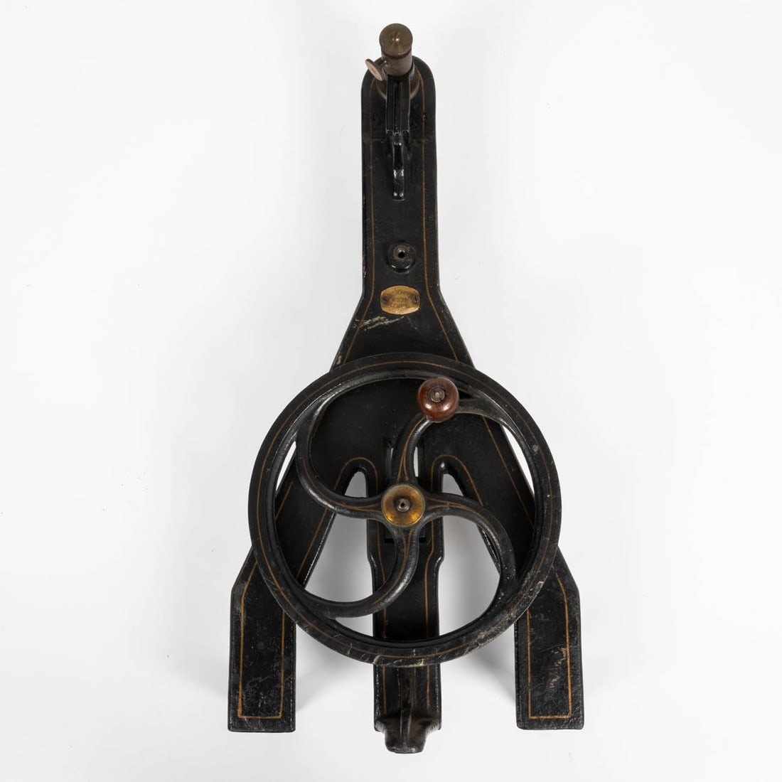 Dr. Stohrer & Sohn Color Mixing Device: Dr. Stohrer & Sohn Color Mixing Device, 19th Century, German cast iron and brass belt-driven apparatus with painted gold line decoration from Leipzig. H: 21 ? W: 10 ? D: 7 ? in.