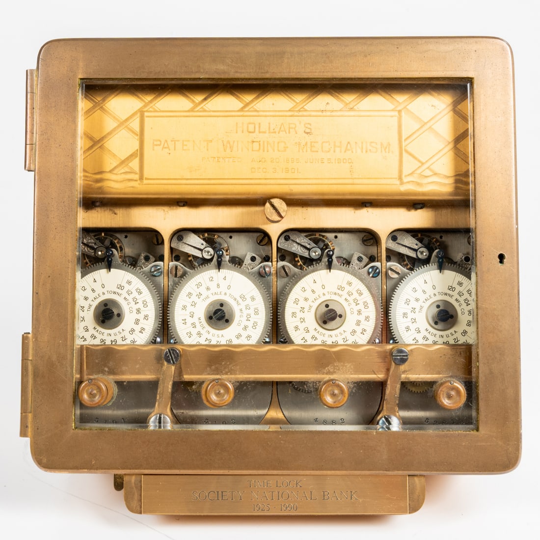 Hollar Vault Time Lock Mechanism: Hollar's Bronze Bank Vault Time Lock Mechanism, Early 20th Century. Used by The Society National Bank of Cleveland (1925-1990). Engraved Manufacturer Patent: "Patented AUG. 20. 1895. JUNE 5. 1900. DEC