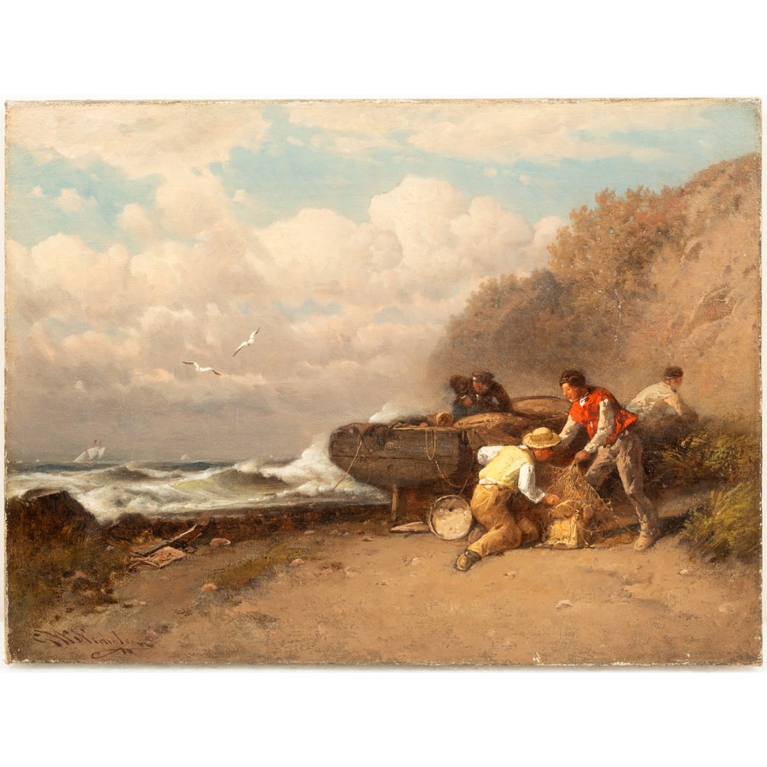 George Washington Nicholson (American, 1832 - 1912): George Washington Nicholson (American, 1832 - 1912) Scavenging on a Wreck, Oil on canvas, Signed lower left. H: 12 W: 16 1/4 in.