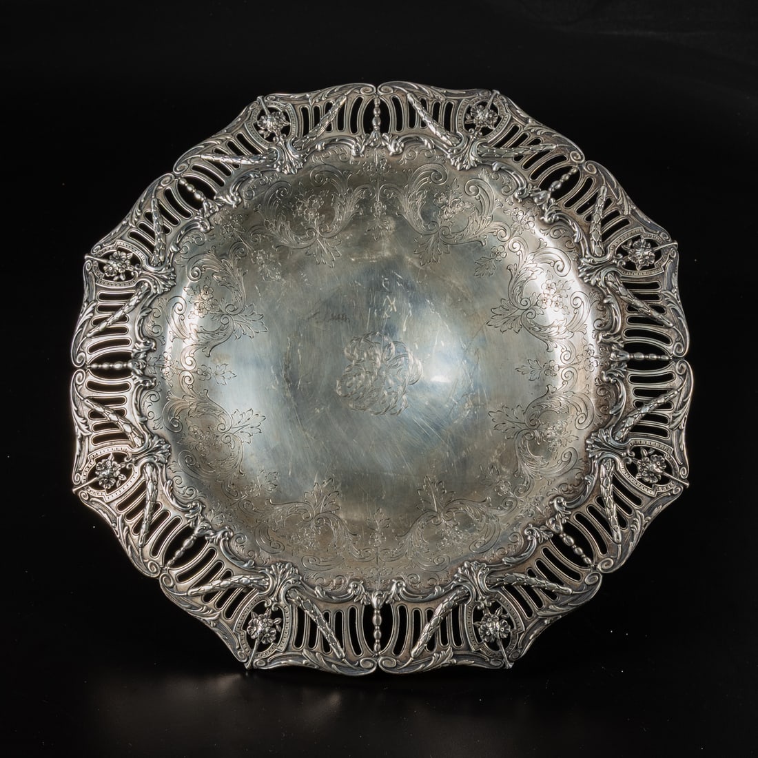 Cowell & Hubbard Co. Sterling Silver Reticulated Tazza: A Cowell & Hubbard Co. Sterling Silver Reticulated Tazza, Having scalloped rim with ornate reticulation and central monogram. Marked Sterling Cowell & Hubbard. H: 2 1/2 x Dia: 13 1/2 in. Total aprox w