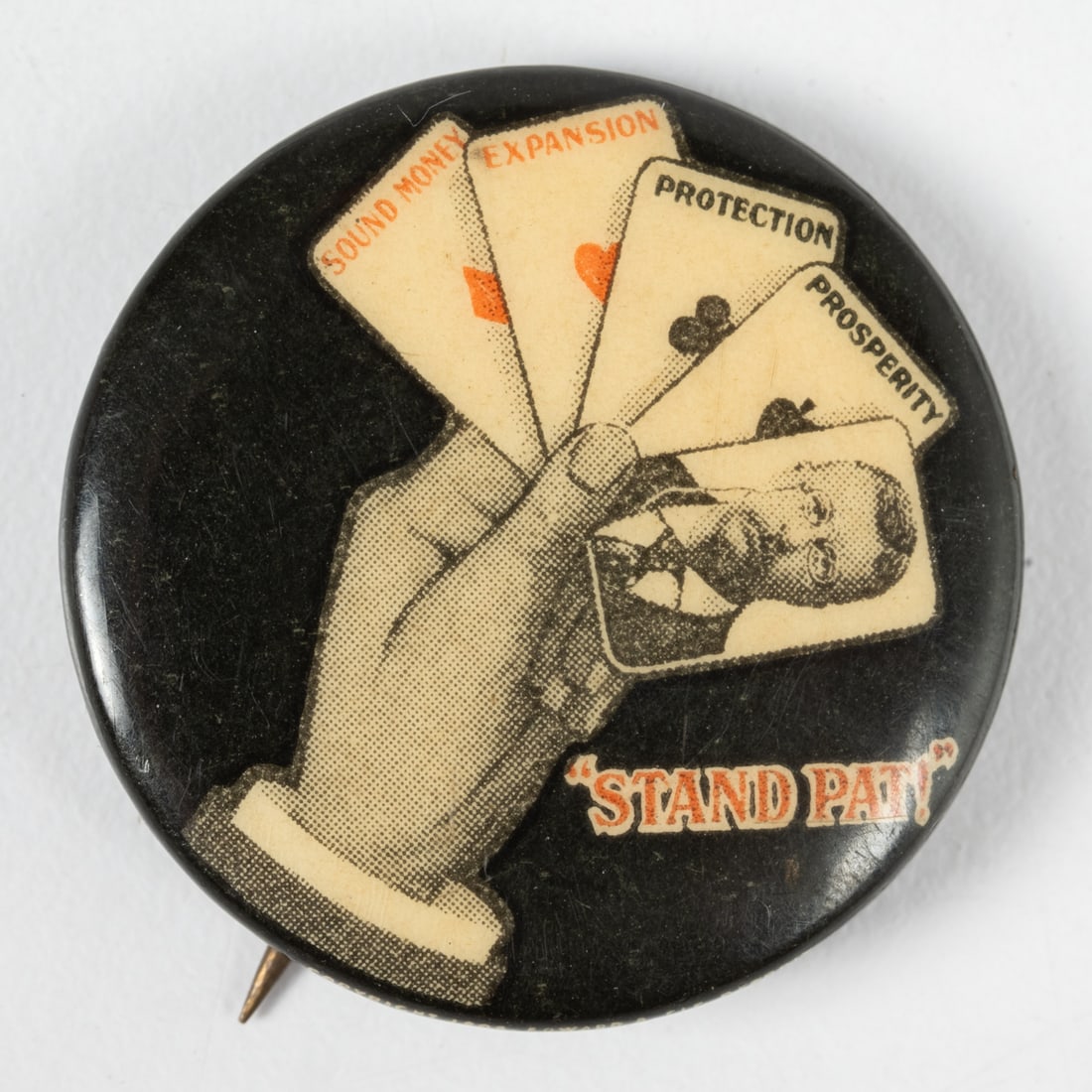 A Theodore Roosevelt Campaign Pinback: A Theodore Roosevelt Campaign Pinback, 20th Century, Having paper Stand Pat Button Company backing. D: 1 in.