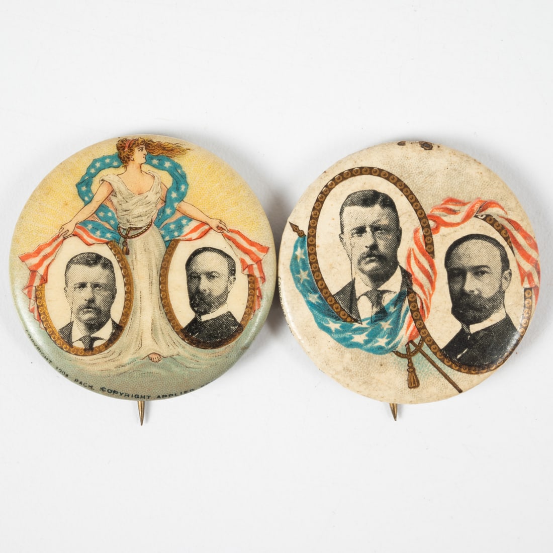 Two Roosevelt and Fairbanks Pinbacks: Two Theodore Roosevelt and Charles Fairbanks Pinbacks, 20th Century, Each button has a diameter of 1 1/8 in. Includes paper Whitehead & Hoag Co. backing.