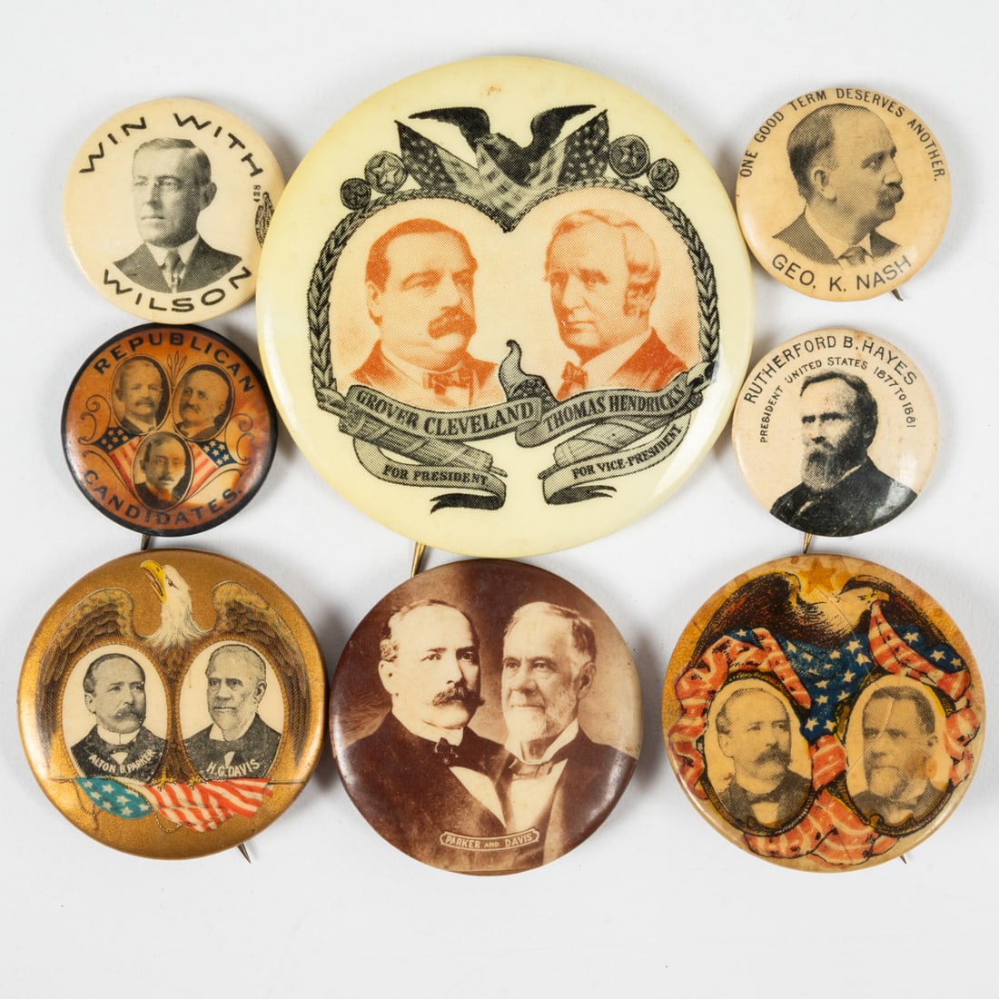 Eight Political Campaign Pinbacks: Eight Political Campaign Pinbacks, 20th Century, Comprising eight pinbacks: three Alton B. Parker and Henry G. Davis, one Grover Cleveland and Thomas Hendricks, oen Woodrow Wilson, one George Knash, o