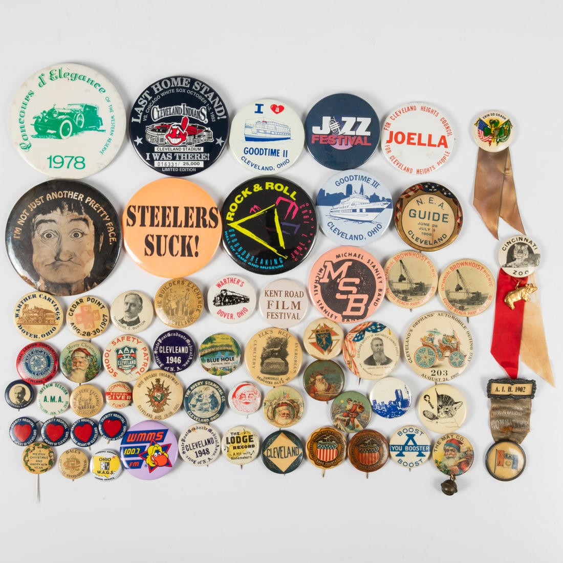 58 Piece Collection of Ohio Pinbacks: Fifty Eight Piece Collection of Ohio Pinbacks, 20th Century, Comprising Ohio, Cincinnati and Cleveland pinbacks centered around events, companies, organizations and the May Company. Largest Pinback,