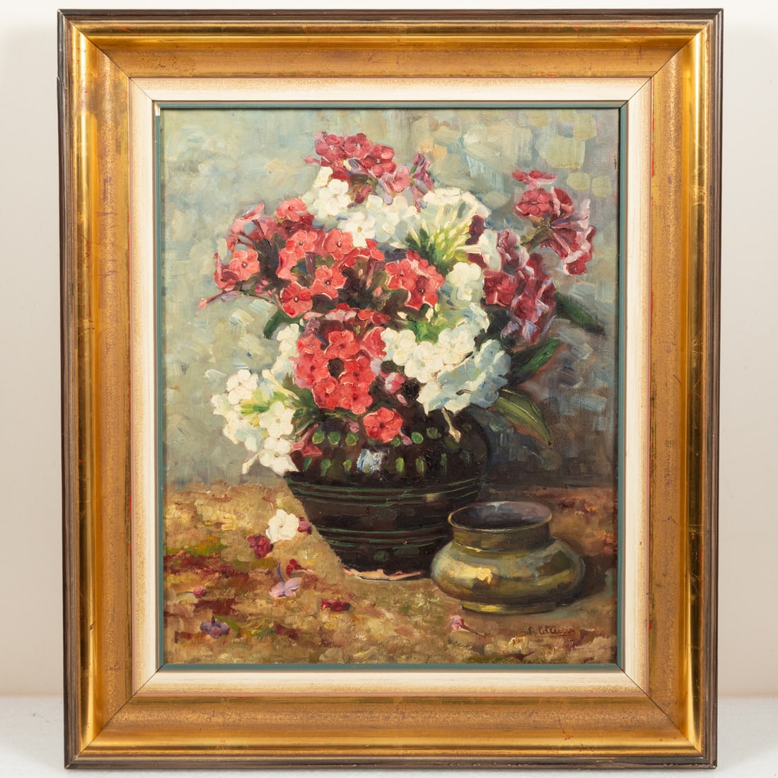 Artist Unknown (20th Century): Artist Unknown (20th Century) Floral still life, Oil on canvas, Signed illegibly lower right. Image, H: 19 1/4 x 15 3/4 in. H: 25 3/4 W: 22 1/4 in.