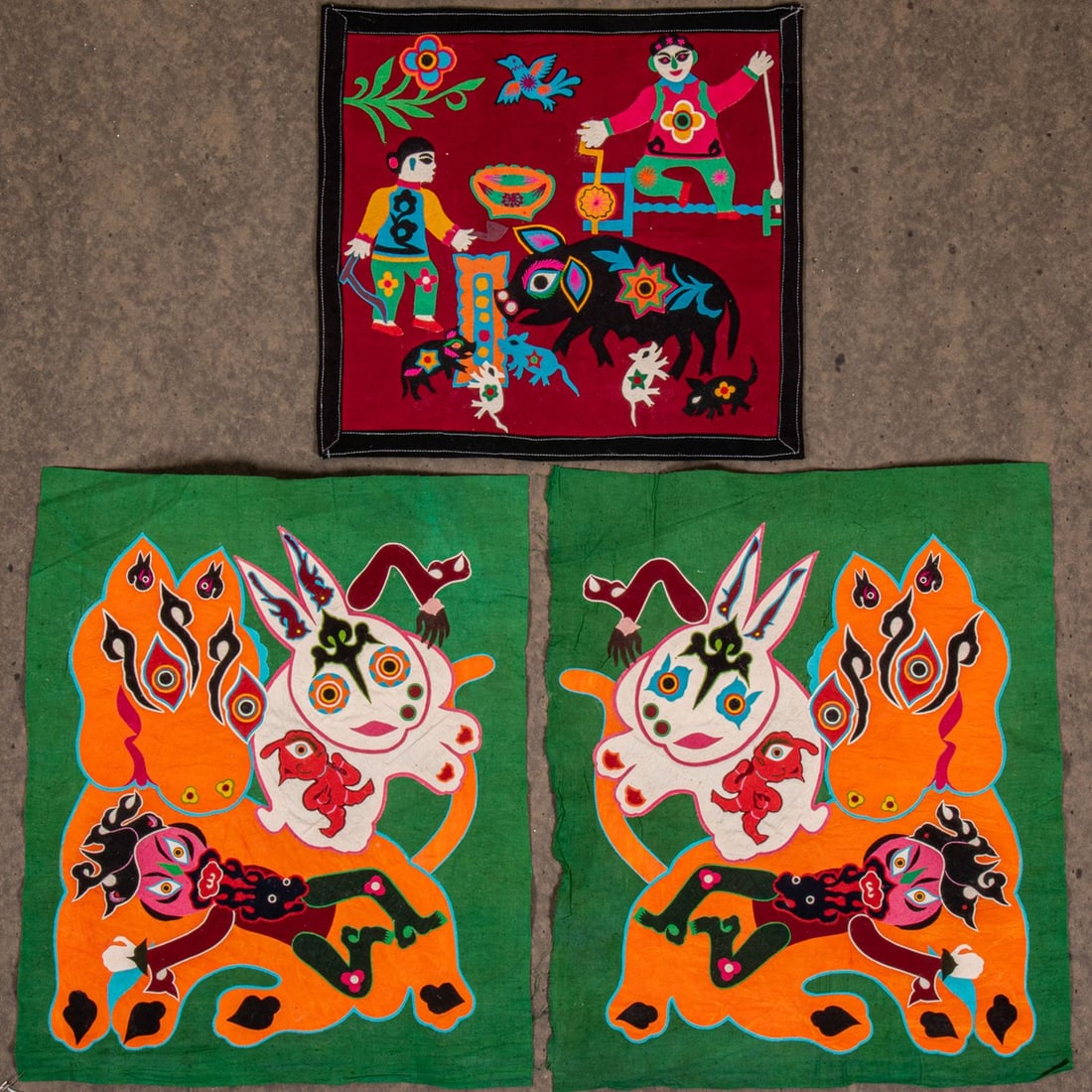 Three Chinese Huxian Folk Art Textiles: Three Chinese Huxian Folk Art Appliques and Embroideries, Cotton and Burlap, depicting stylized figures. Largest: H: 26 x W: 19 in. From the Collection of Dr. Adelia M. Peters, Professor Emeritus of