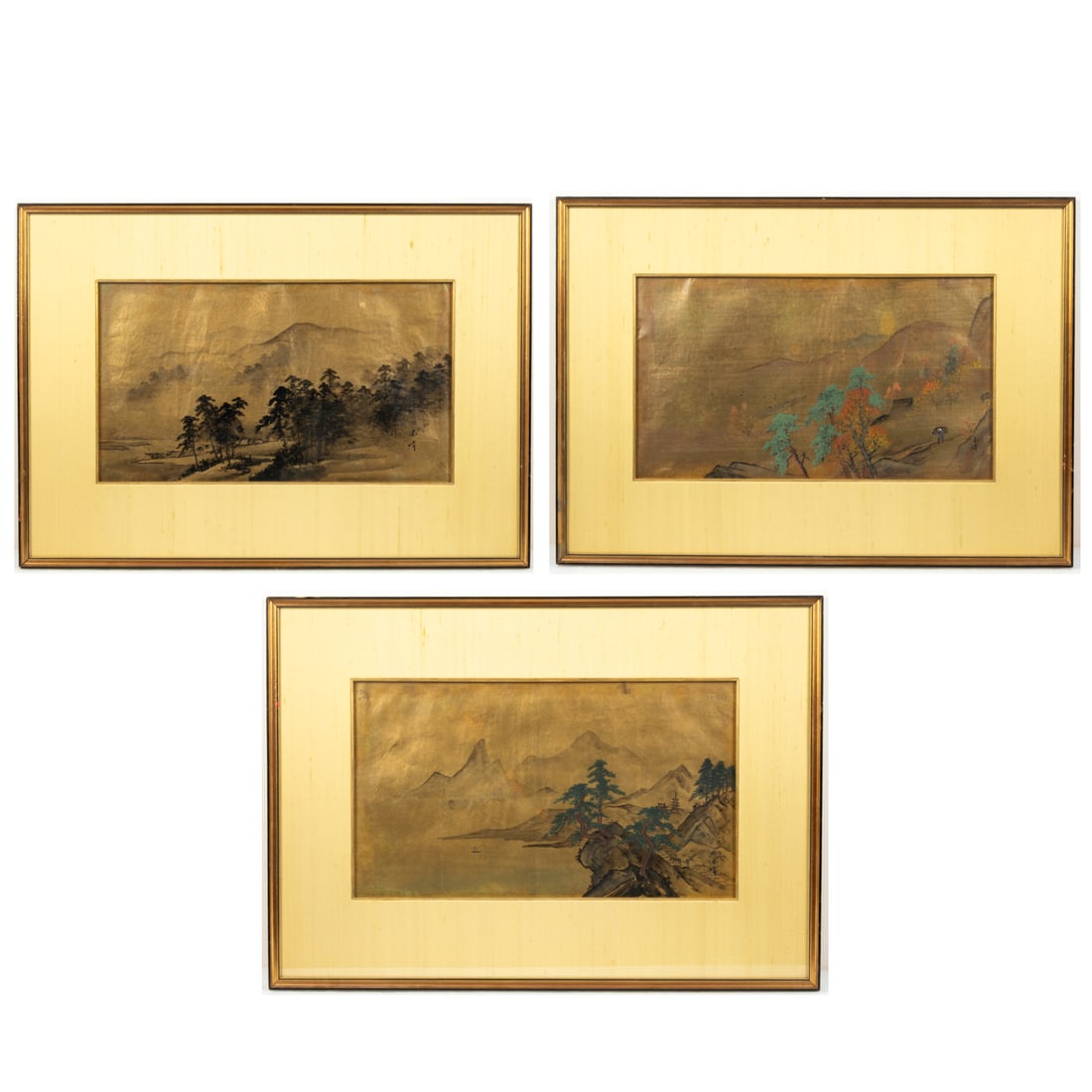 Three Japanese Landscape Paintings: Three Japanese Landscape Paintings, 20th Century. Gold leaf, pigment and ink on paper. Titled and signed lower right with artist's seal and calligraphy. Each, H: 18 5/8 x W: 26 1/8 in. (Framed dimensi