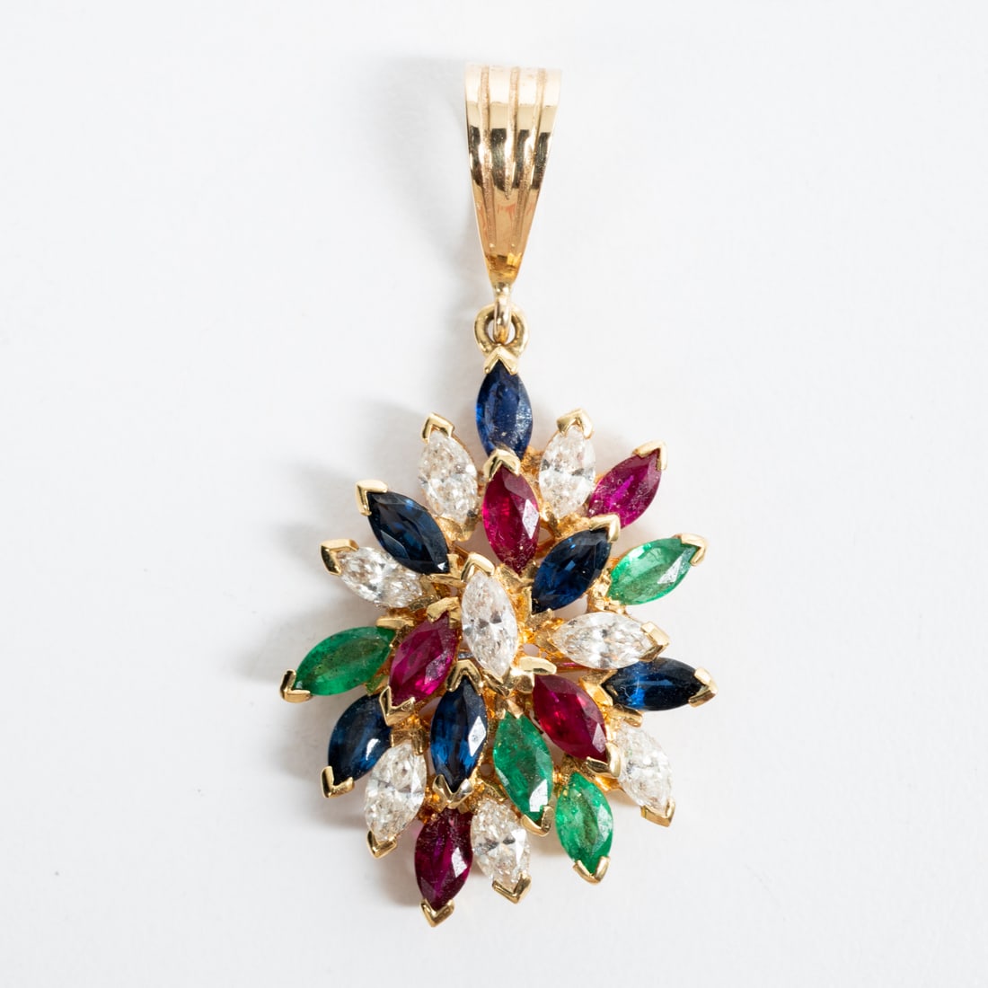 18K and 14K Yellow Gold Diamond, Ruby, Blue Sapphire and Emerald Pendant: 18K and 14K Yellow Gold Diamond, Ruby, Blue Sapphire and Emerald Pendant, Set with 8 Marquise Cut Diamonds, Each approximately 0.15 - 0.18 pts. Also set with 6 marquise cut blue sapphires, 5 marquise 