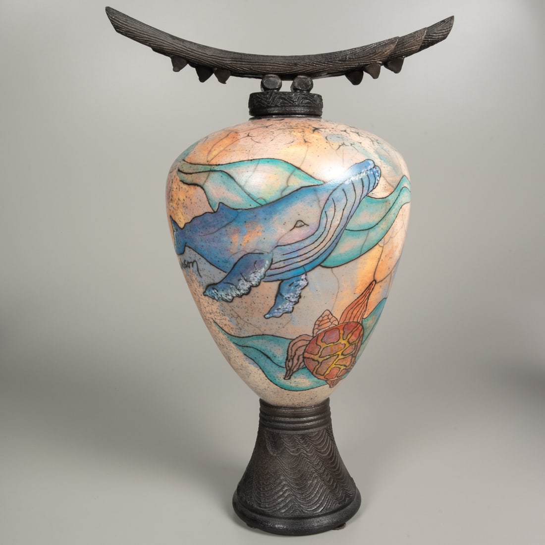 Kate & Will Jacobson (American, 20th Century): Kate & Will Jacobson (American, 20th Century) Whale Ceramic Raku Lidded Vessel Signed "Jacobson" on body and underside. Hand thrown clay infused with colored mica. Imagery is dry etched through the