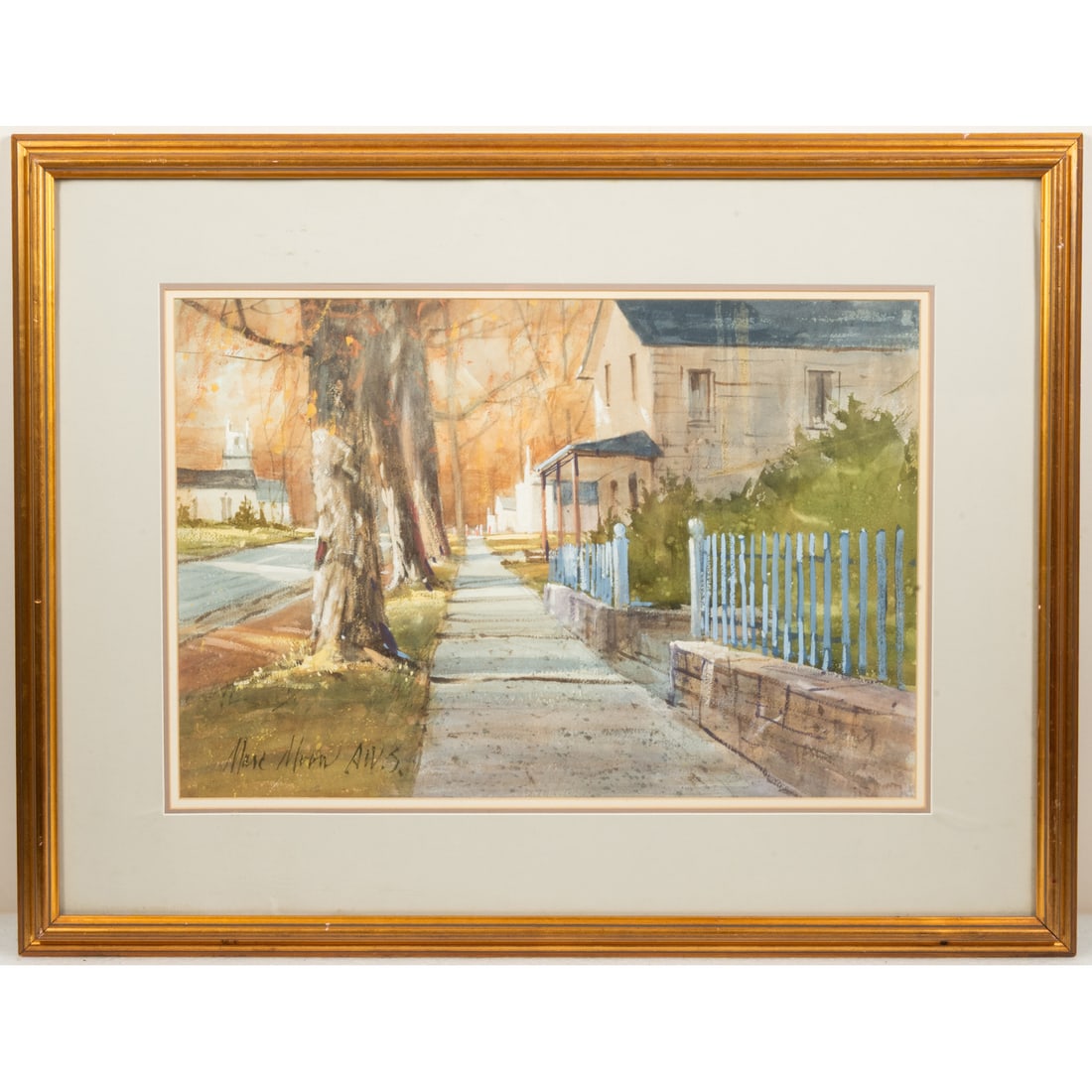 Marc Moon (American, 1923 - 2006): Marc Moon (American, 1923 - 2006) Fall Neighborhood Scene, Watercolor and gouache, Signed lower left. Image, H: 14 1/2 x 21 in. H: 24 W: 31 in.