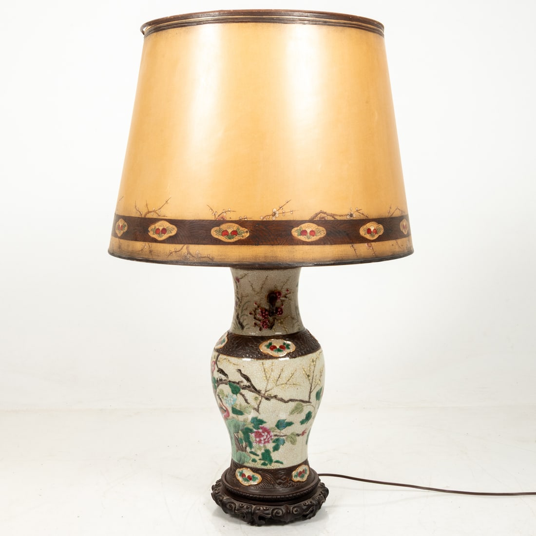 Chinese Porcelain Lamp: A Chinese Nanking Porcelain Vase Mounted as a Lamp, 20th Century, Together with an Arts & Crafts Style Shade and a milk glass waffle pattern torchiere shade. Lamp shade dims: H: 22 1/2 x Dia: 15 3/4 i
