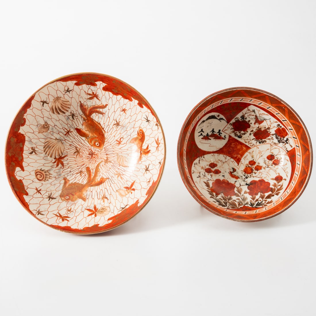 Two Japanese Kutani Bowls: Two Japanese Kutani Porcelain Bowls, Late Meiji Period. Largest Bowl, H: 3 1/2 x Dia: 9 3/4 in.