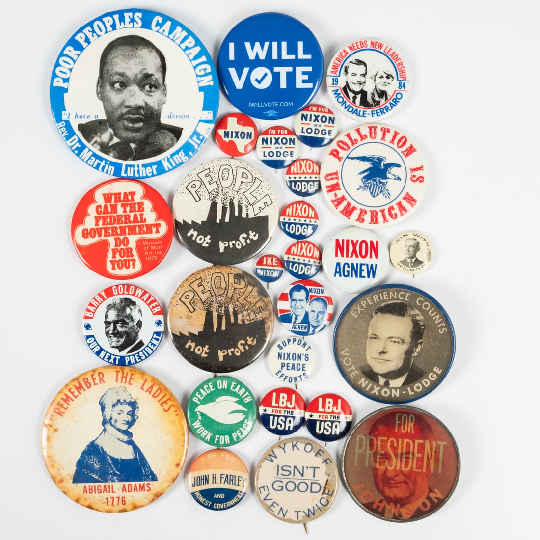 Seventeen Political Campaign Pinbacks: Seventeen Political Campaign Pinbacks, 20th Century, Comprising campaigns including Richard Nixon, Gary Goldwater, Walter Mondale and Geraldine Ferraro, and Woodrow WIlson. Together with ten political