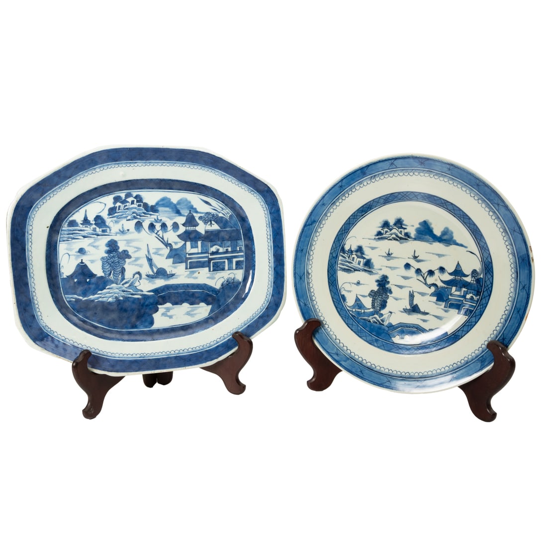 Two Chinese Canton Decorative Items: Two Chinese Canton Blue and White Decorative Items, 20th Century, Comprising a platter and a shallow center bowl.