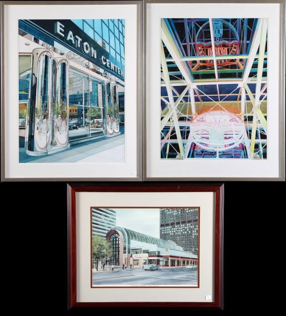 A Pair of Watercolors on Paper by Bruce McCombs: A Pair of Watercolors on Paper by Bruce McCombs Depicting Scenes of Cleveland, 20th Century, Together with a color reproduction by Craig Petersen, titled ""The Galleria at Erieview/East 9th and St. Cl