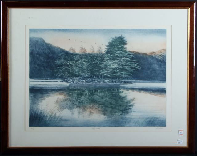 Kidder (20th Century) The Island, Color etching: Kidder (20th Century) The Island, Color etching on paper, Signed, titled and numbered 30/151 in pencil lower margin. Image dimensions: h: 16 x w: 24 in.