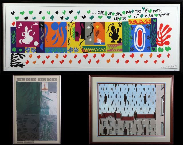 A Group of Three Color Reproduction Prints After Variou: A Group of Three Color Reproduction Prints After Various Artists, 20th Century, Including Robert Rauschenberg, Henri Matisse, and Rene Magritte. Largest framed dimensions: h: 21 x w: 53 in. Other Note