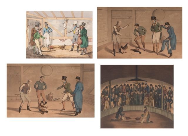 A Group of Four Hand-Colored Lithographs and Aquatints : A Group of Four Hand-Colored Lithographs and Aquatints Depicting Cock Fights, 19th Century, Two after Henry Alken (1785-1851). Framed dimensions: h: 17 1/2 x w: 21 in. Other Notes: *** Please inquire 