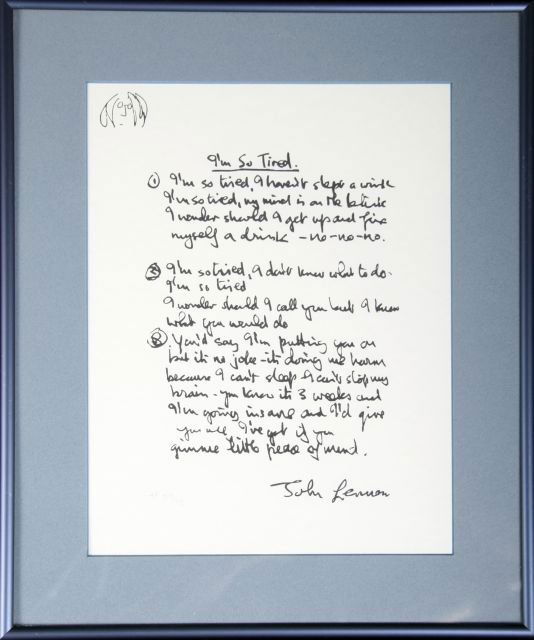 After John Lennon (ca. 1995) I'm So Tired, Silkscreen,: After John Lennon (ca. 1995) I'm So Tired, Silkscreen, Plate signed and numbered AP 57/75. Dimensions: h: 12 x w: 9 in.