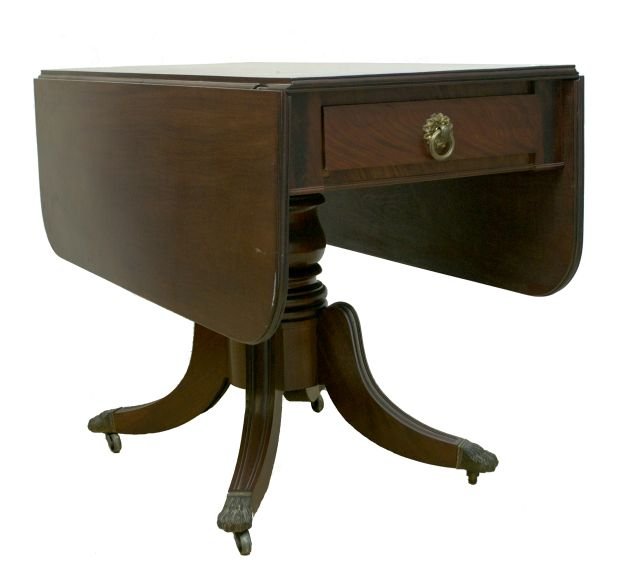 A Duncan Phyfe Flame Mahogany Drop Leaf Table,: A Duncan Phyfe Flame Mahogany Drop Leaf Table, 19th Century. Dimensions: h: 28 3/4 x w: 46 1/4 x d: 41 3/4 in. Other Notes: *** Please inquire for shipping estimate prior to bidding. Shipping costs ma